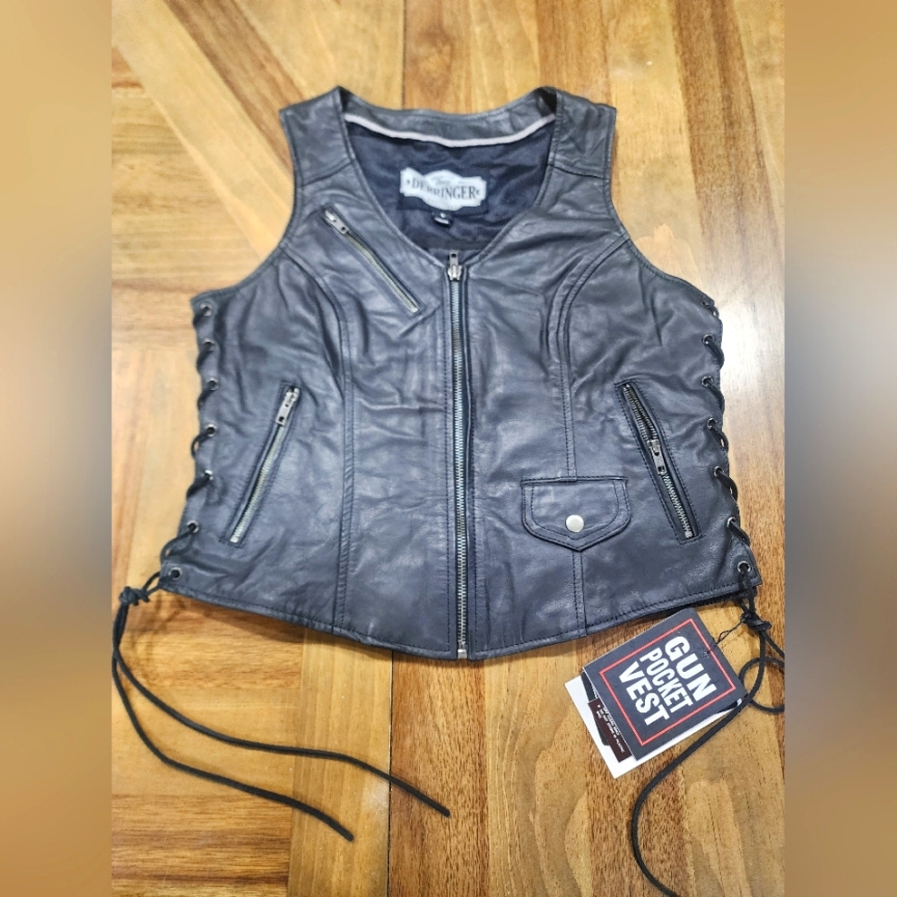 Derringer Leather Lambskin Black Corded Vest Sz Large Womens $119.99 NWT